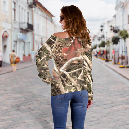 Camouflage Realistic Tree Authumn Print Off Shoulder Sweatshirt
