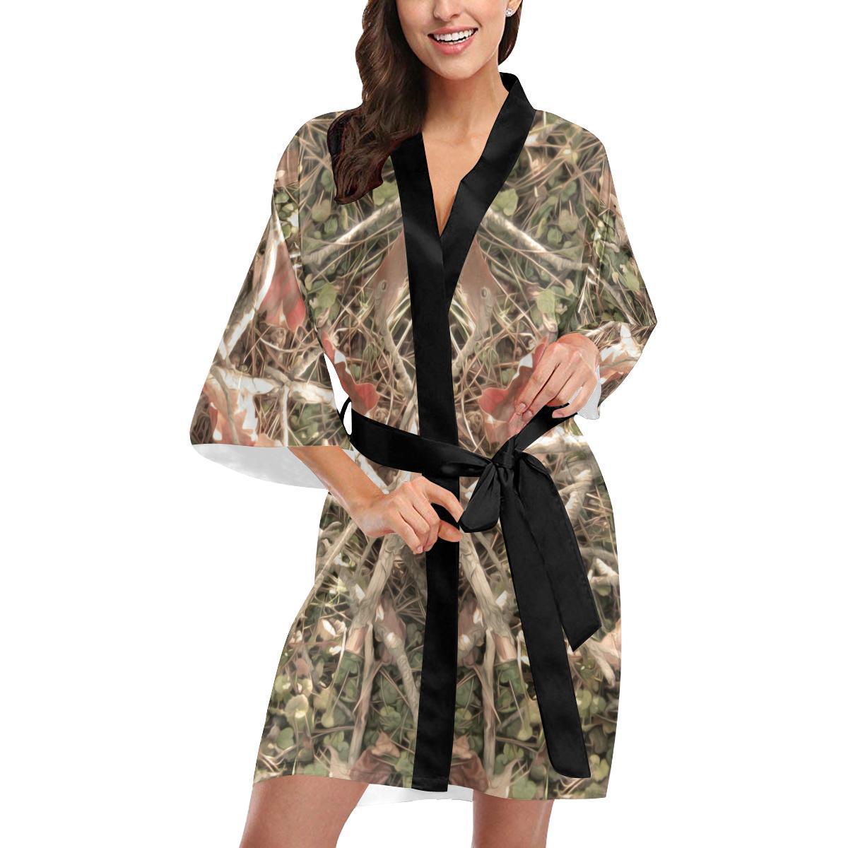 Camouflage Realistic Tree Authumn Print Women Short Kimono Robe