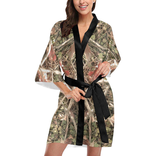 Camouflage Realistic Tree Authumn Print Women Short Kimono Robe