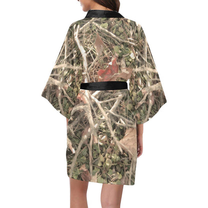 Camouflage Realistic Tree Authumn Print Women Short Kimono Robe