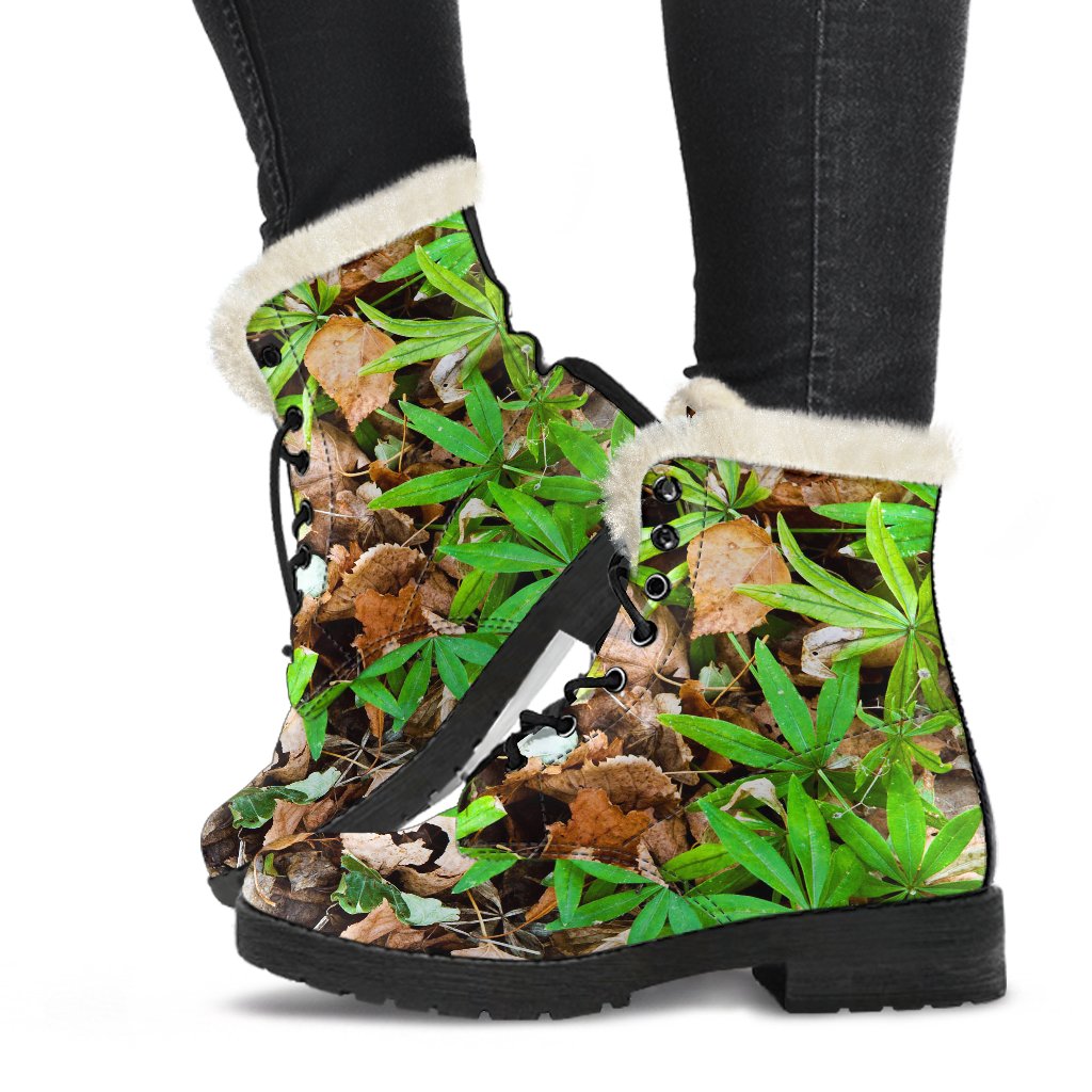 Camouflage Realistic Tree Fresh Print Faux Fur Leather Boots-JTAMIGO.COM