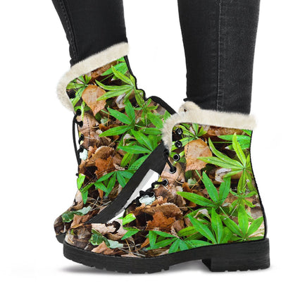 Camouflage Realistic Tree Fresh Print Faux Fur Leather Boots-JTAMIGO.COM