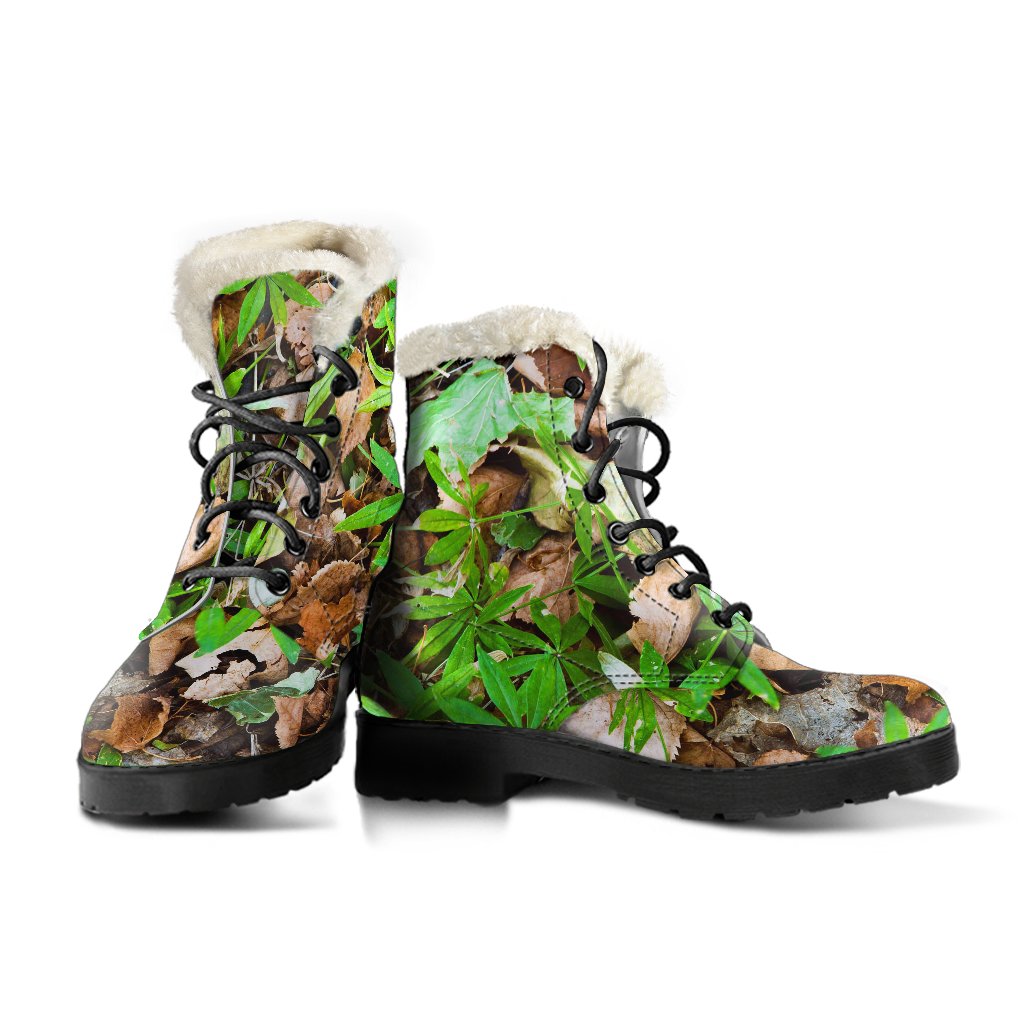 Camouflage Realistic Tree Fresh Print Faux Fur Leather Boots-JTAMIGO.COM