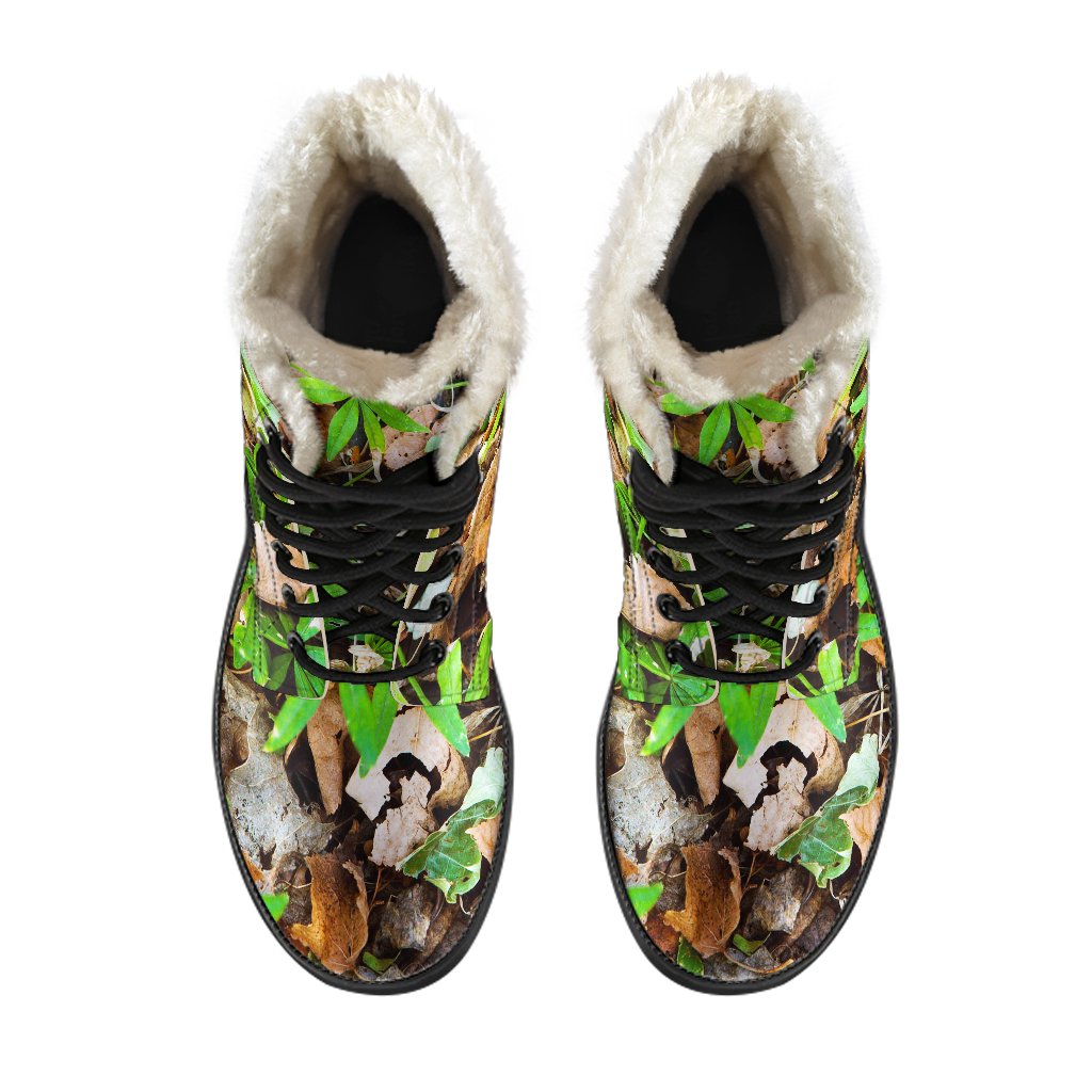 Camouflage Realistic Tree Fresh Print Faux Fur Leather Boots-JTAMIGO.COM