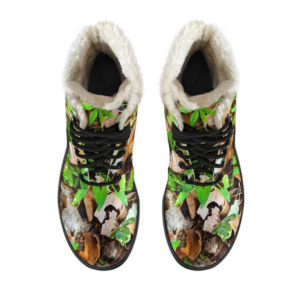Camouflage Realistic Tree Fresh Print Faux Fur Leather Boots-JTAMIGO.COM