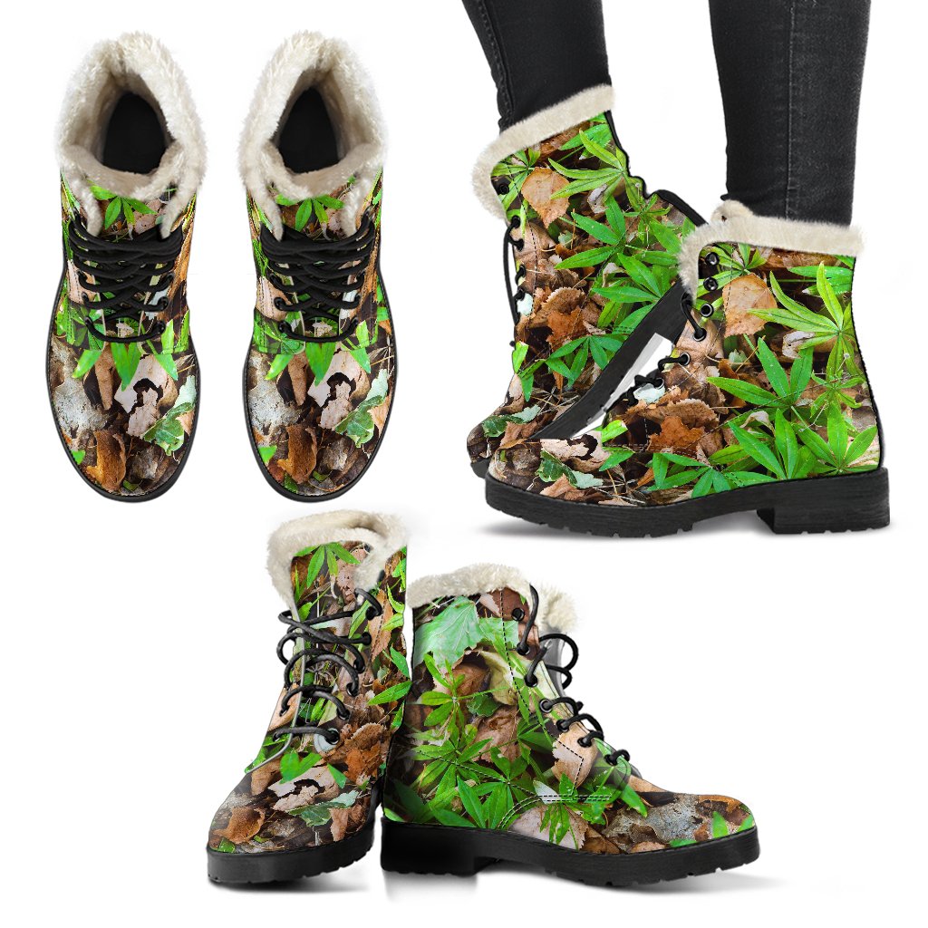 Camouflage Realistic Tree Fresh Print Faux Fur Leather Boots-JTAMIGO.COM