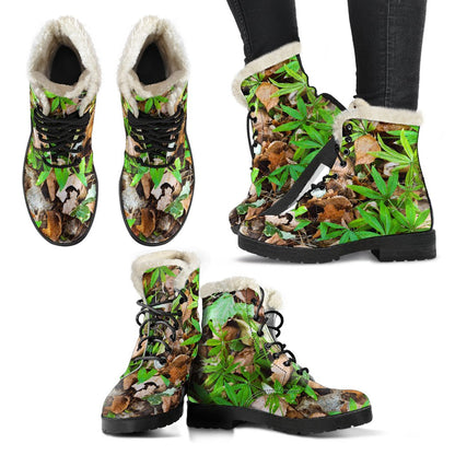 Camouflage Realistic Tree Fresh Print Faux Fur Leather Boots-JTAMIGO.COM