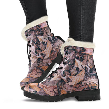 Camouflage Realistic Tree Leaf Print Faux Fur Leather Boots-JTAMIGO.COM