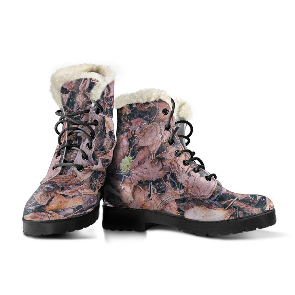 Camouflage Realistic Tree Leaf Print Faux Fur Leather Boots-JTAMIGO.COM