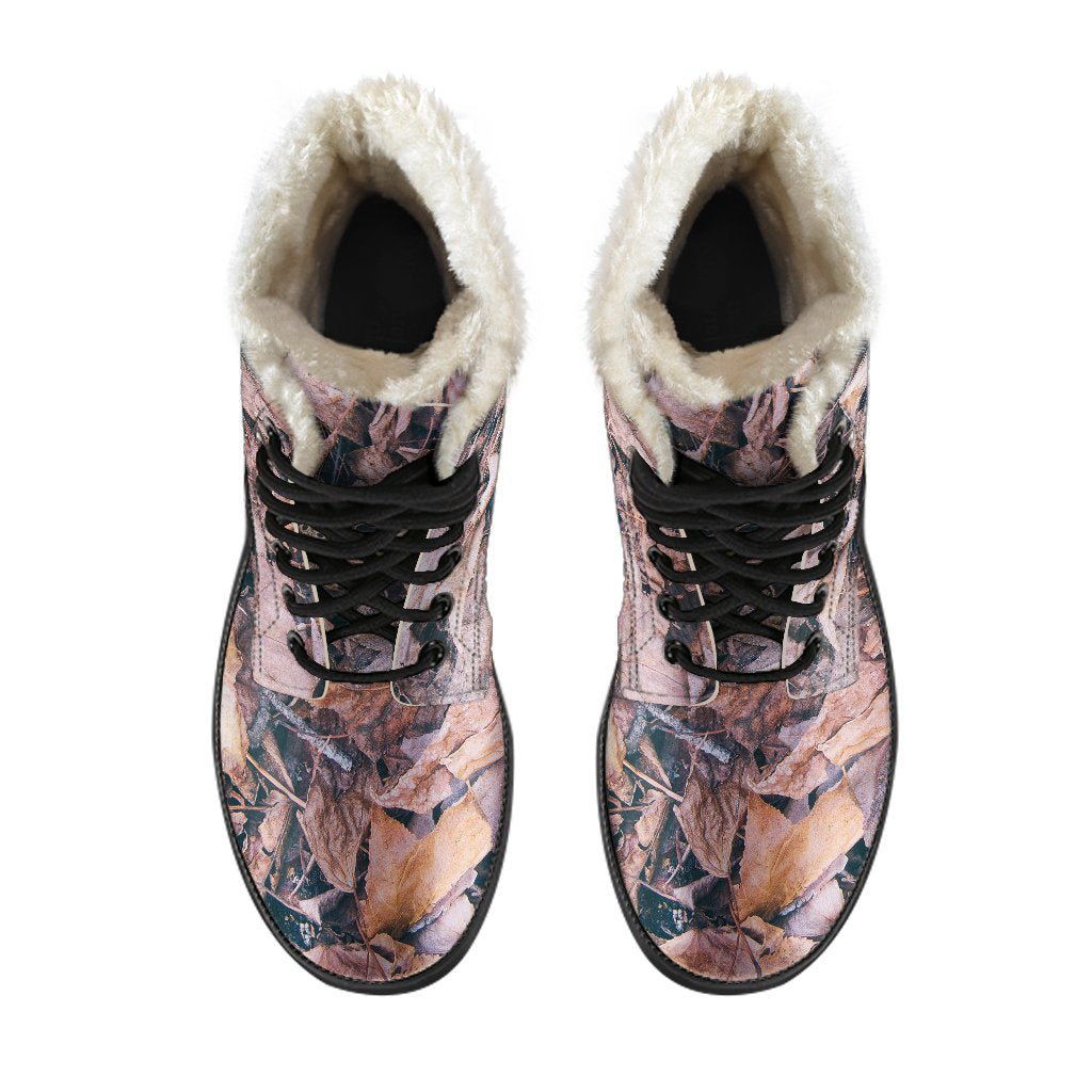 Camouflage Realistic Tree Leaf Print Faux Fur Leather Boots-JTAMIGO.COM