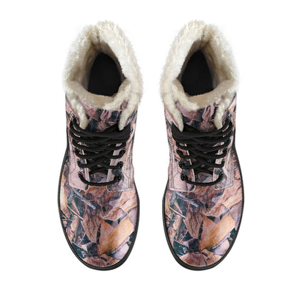 Camouflage Realistic Tree Leaf Print Faux Fur Leather Boots-JTAMIGO.COM
