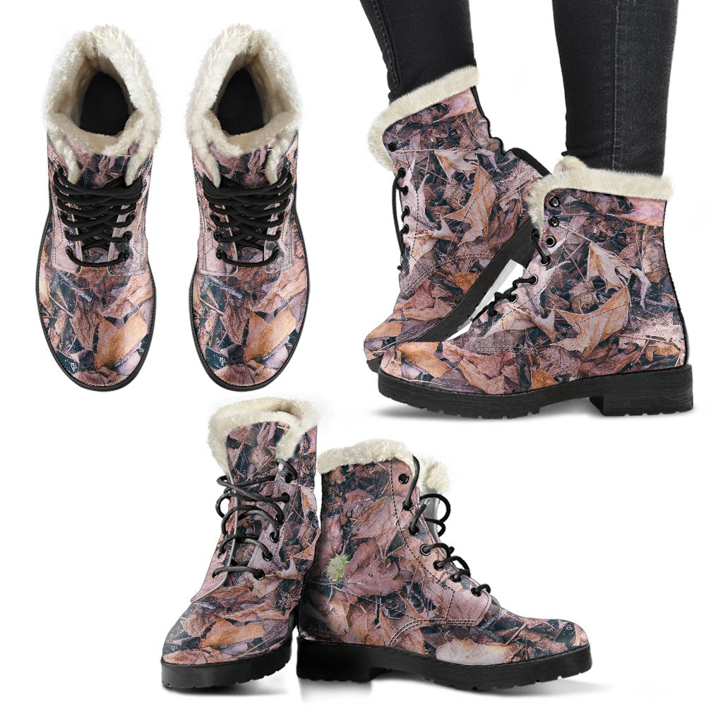 Camouflage Realistic Tree Leaf Print Faux Fur Leather Boots-JTAMIGO.COM