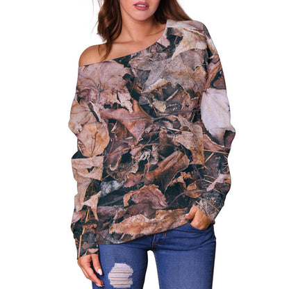 Camouflage Realistic Tree Leaf Print Off Shoulder Sweatshirt