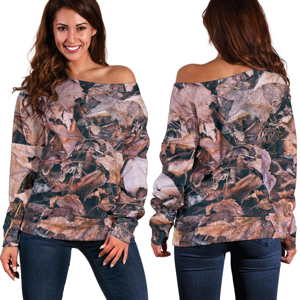 Camouflage Realistic Tree Leaf Print Off Shoulder Sweatshirt
