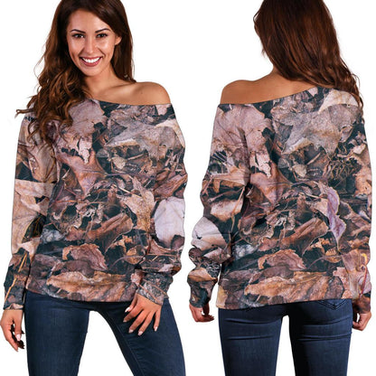 Camouflage Realistic Tree Leaf Print Off Shoulder Sweatshirt