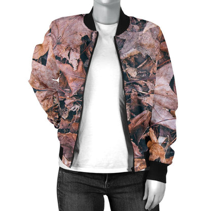 Camouflage Realistic Tree Leaf Print Women Casual Bomber Jacket