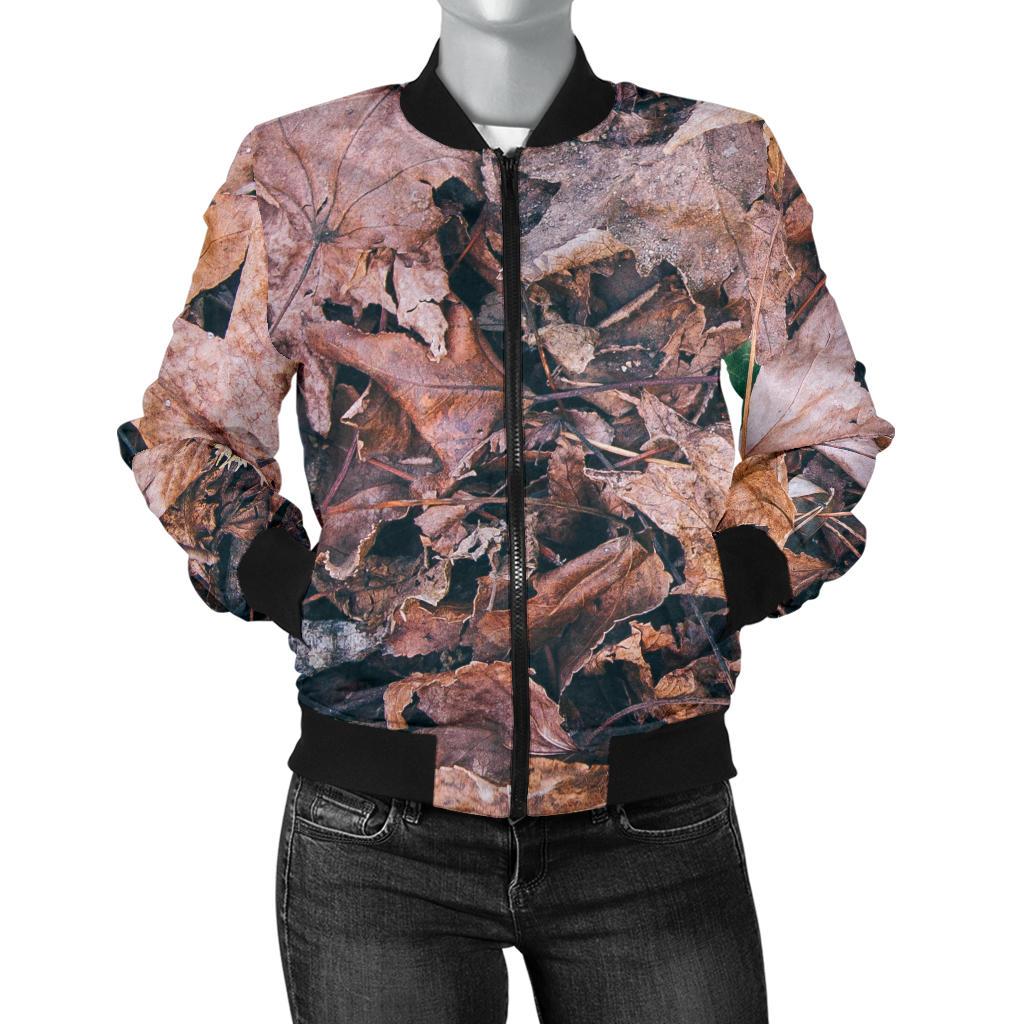 Camouflage Realistic Tree Leaf Print Women Casual Bomber Jacket