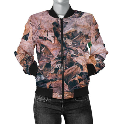 Camouflage Realistic Tree Leaf Print Women Casual Bomber Jacket