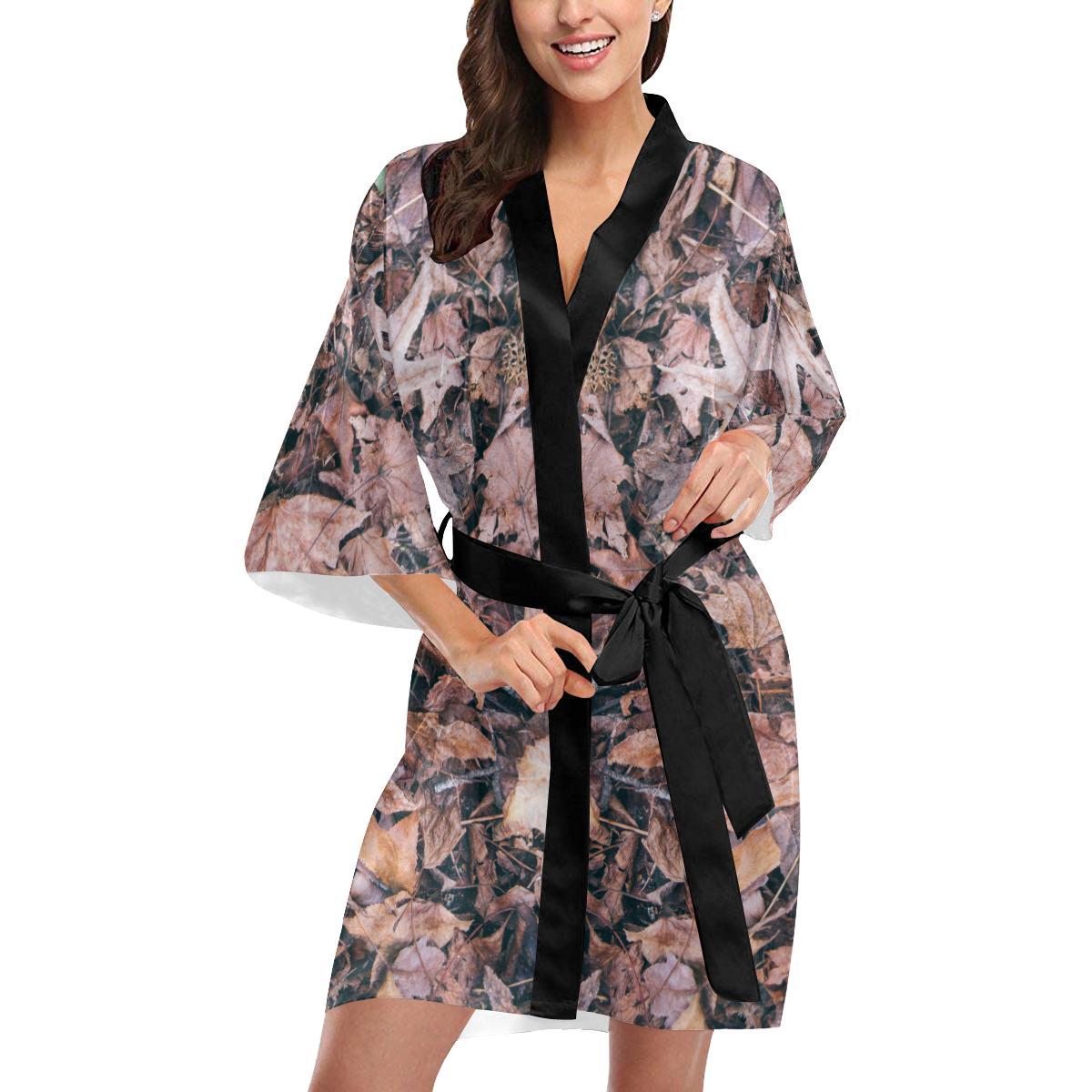 Camouflage Realistic Tree Leaf Print Women Short Kimono Robe