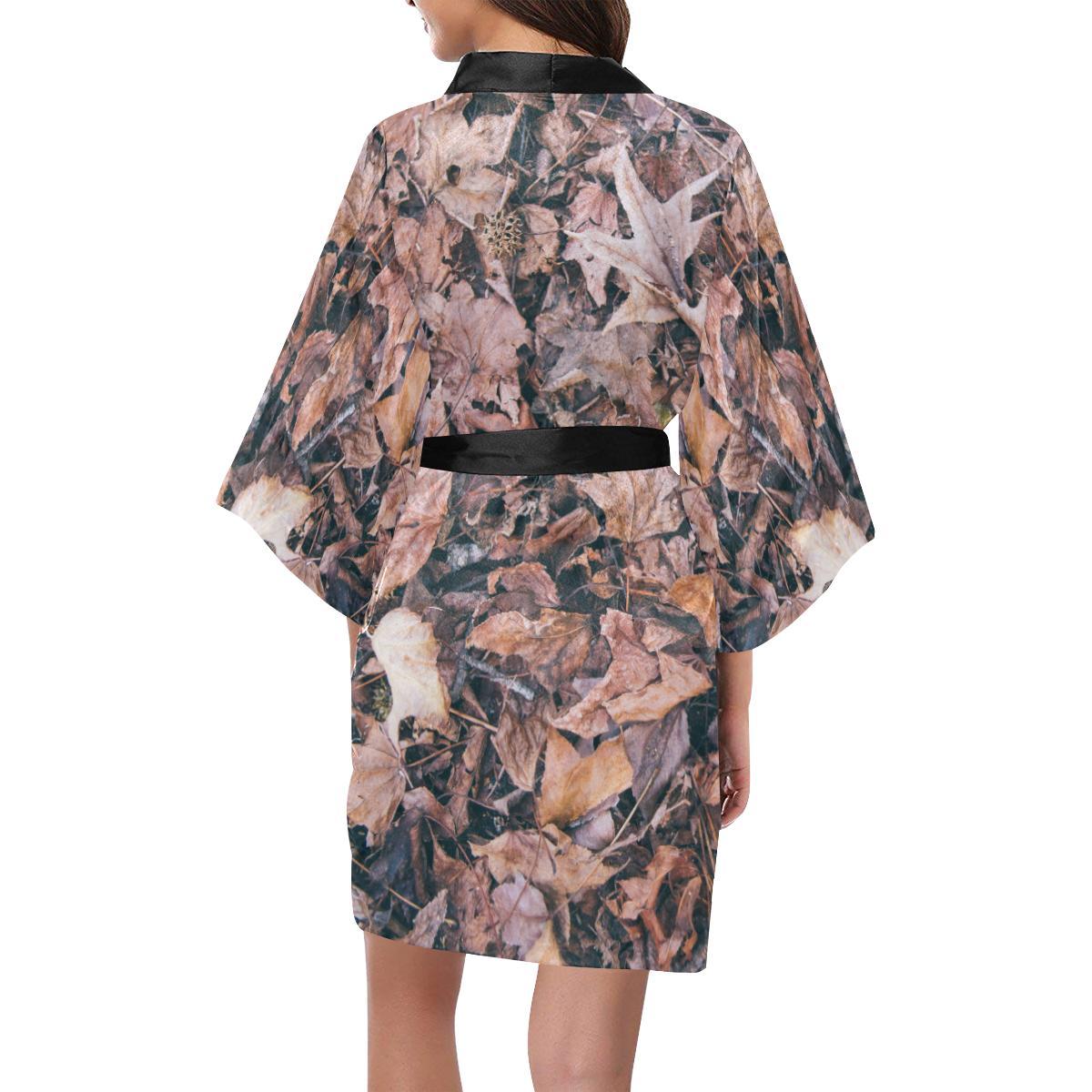 Camouflage Realistic Tree Leaf Print Women Short Kimono Robe