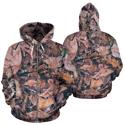 Camouflage Realistic Tree Leaf Print Zip Up Hoodie