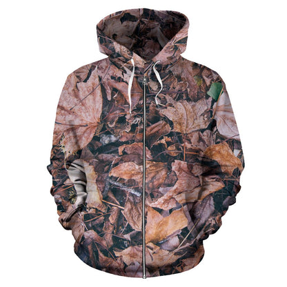 Camouflage Realistic Tree Leaf Print Zip Up Hoodie