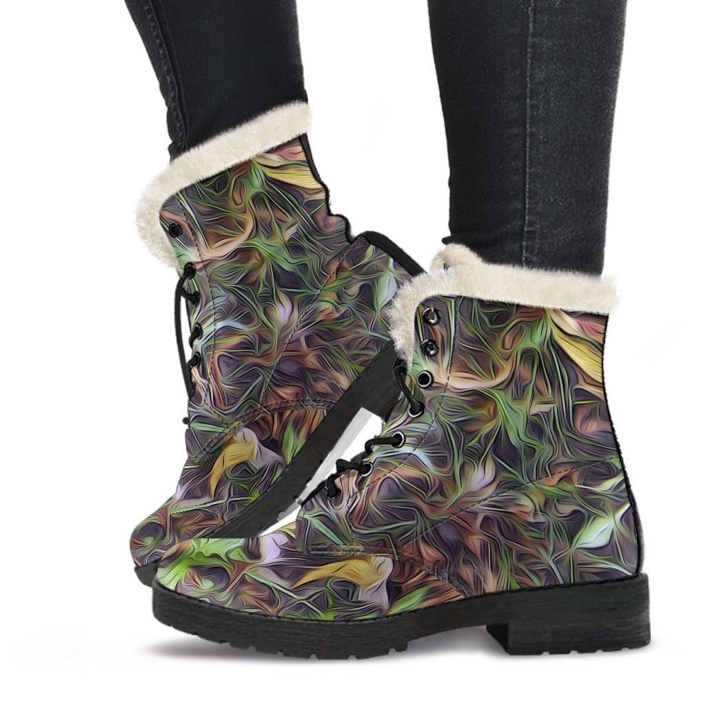 Camouflage Realistic Tree Print Faux Fur Leather Boots-JTAMIGO.COM