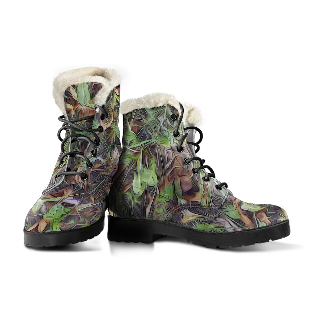 Camouflage Realistic Tree Print Faux Fur Leather Boots-JTAMIGO.COM