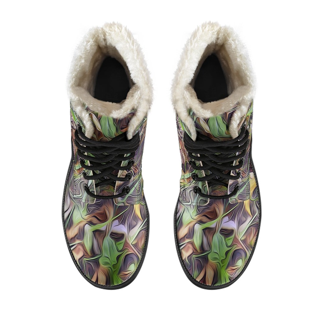 Camouflage Realistic Tree Print Faux Fur Leather Boots-JTAMIGO.COM
