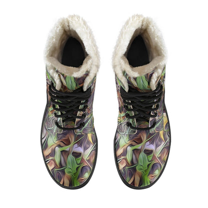 Camouflage Realistic Tree Print Faux Fur Leather Boots-JTAMIGO.COM