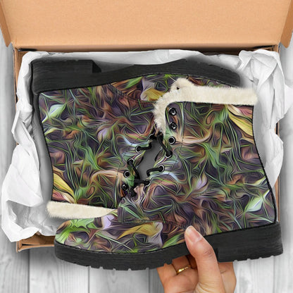 Camouflage Realistic Tree Print Faux Fur Leather Boots-JTAMIGO.COM