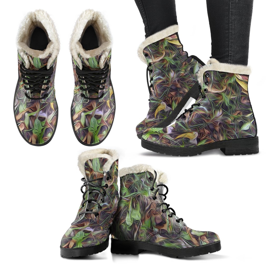 Camouflage Realistic Tree Print Faux Fur Leather Boots-JTAMIGO.COM