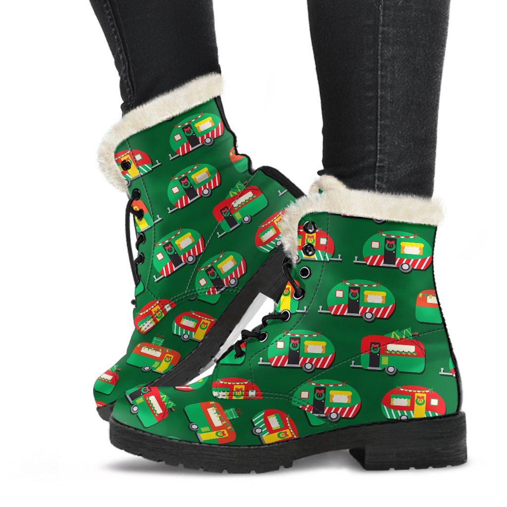 Camper Camping Christmas Themed Print Faux Fur Leather Boots-JTAMIGO.COM