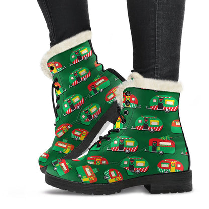 Camper Camping Christmas Themed Print Faux Fur Leather Boots-JTAMIGO.COM