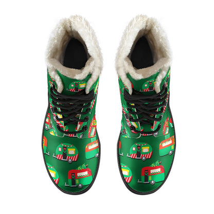 Camper Camping Christmas Themed Print Faux Fur Leather Boots-JTAMIGO.COM