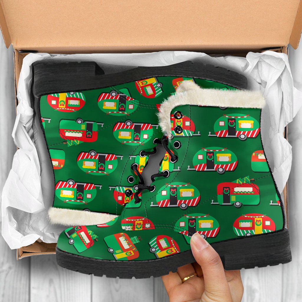 Camper Camping Christmas Themed Print Faux Fur Leather Boots-JTAMIGO.COM