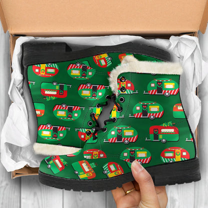 Camper Camping Christmas Themed Print Faux Fur Leather Boots-JTAMIGO.COM