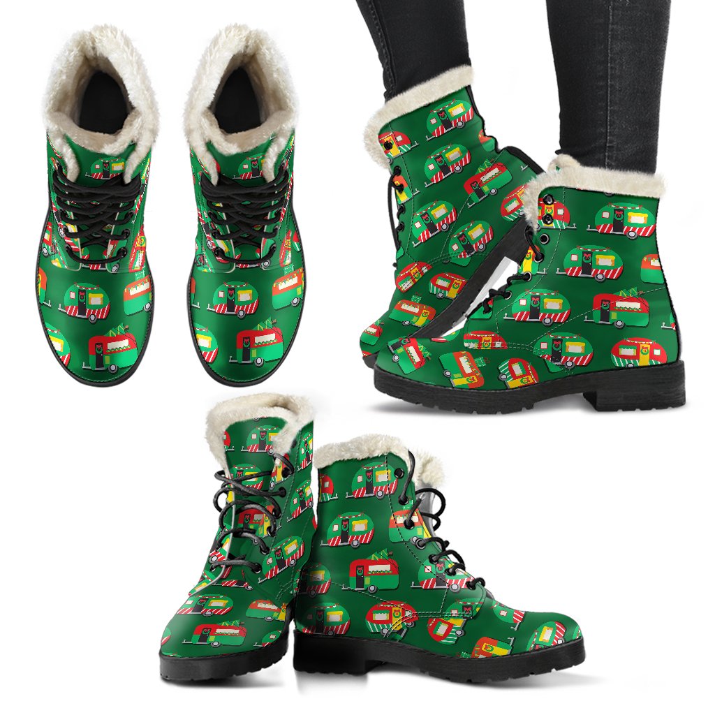 Camper Camping Christmas Themed Print Faux Fur Leather Boots-JTAMIGO.COM