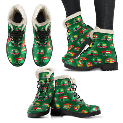 Camper Camping Christmas Themed Print Faux Fur Leather Boots-JTAMIGO.COM