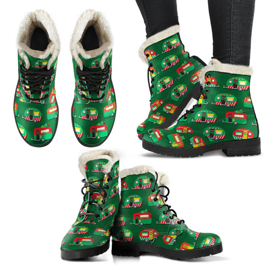 Camper Camping Christmas Themed Print Faux Fur Leather Boots-JTAMIGO.COM