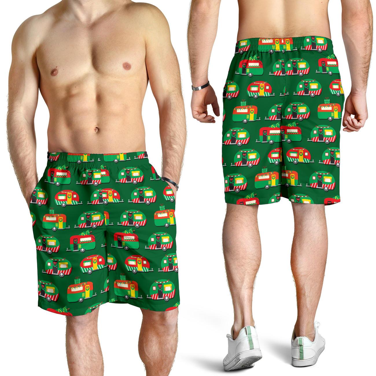 Camper Camping Christmas Themed Print Mens Shorts-JTAMIGO.COM