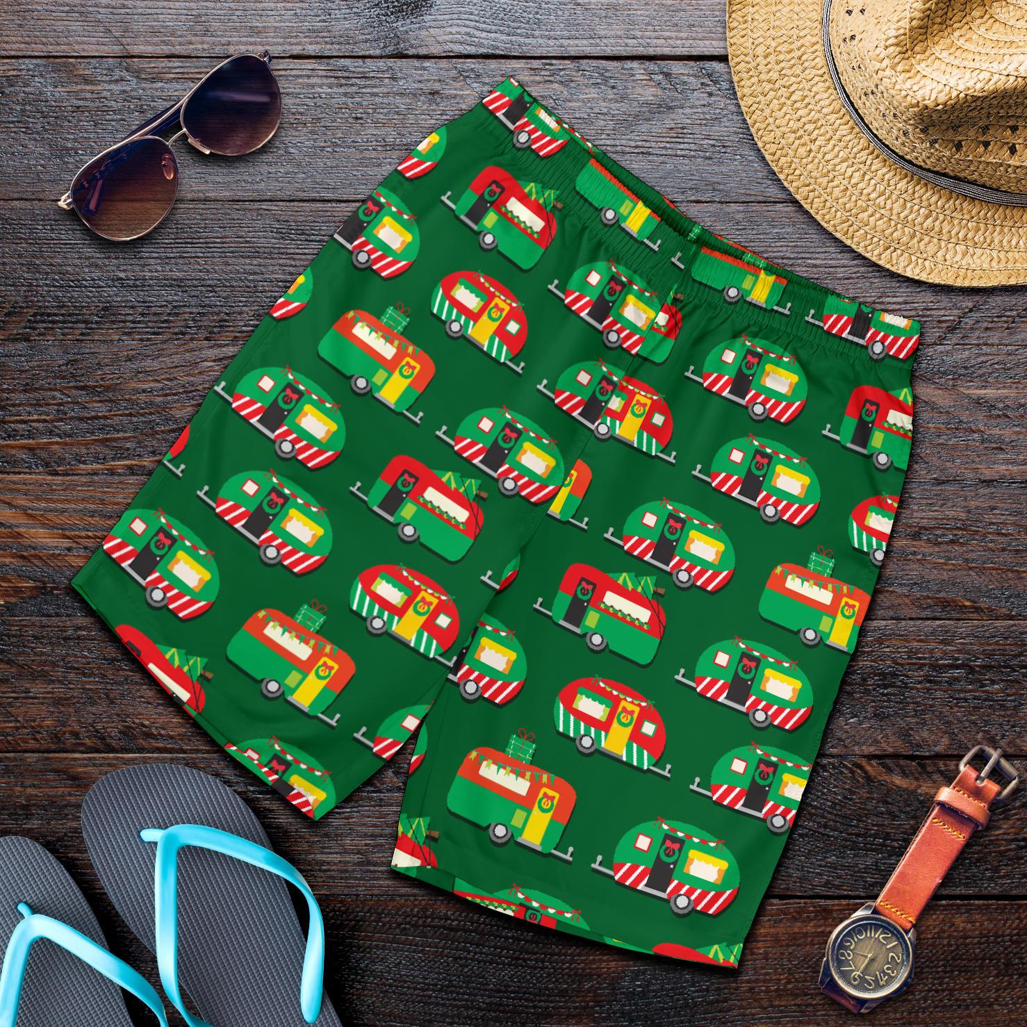 Camper Camping Christmas Themed Print Mens Shorts-JTAMIGO.COM