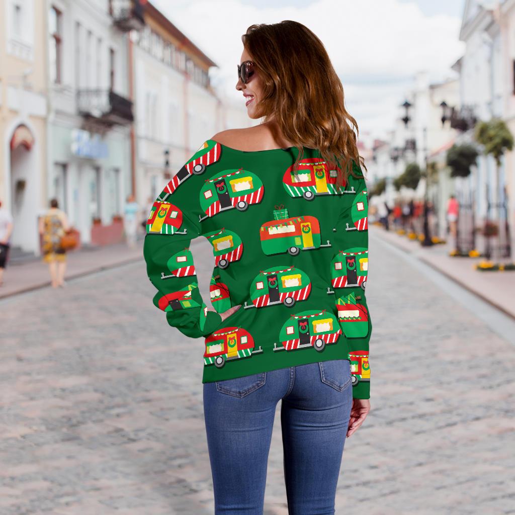 Camper Camping Christmas Themed Print Off Shoulder Sweatshirt