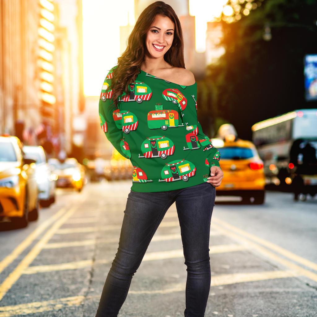Camper Camping Christmas Themed Print Off Shoulder Sweatshirt