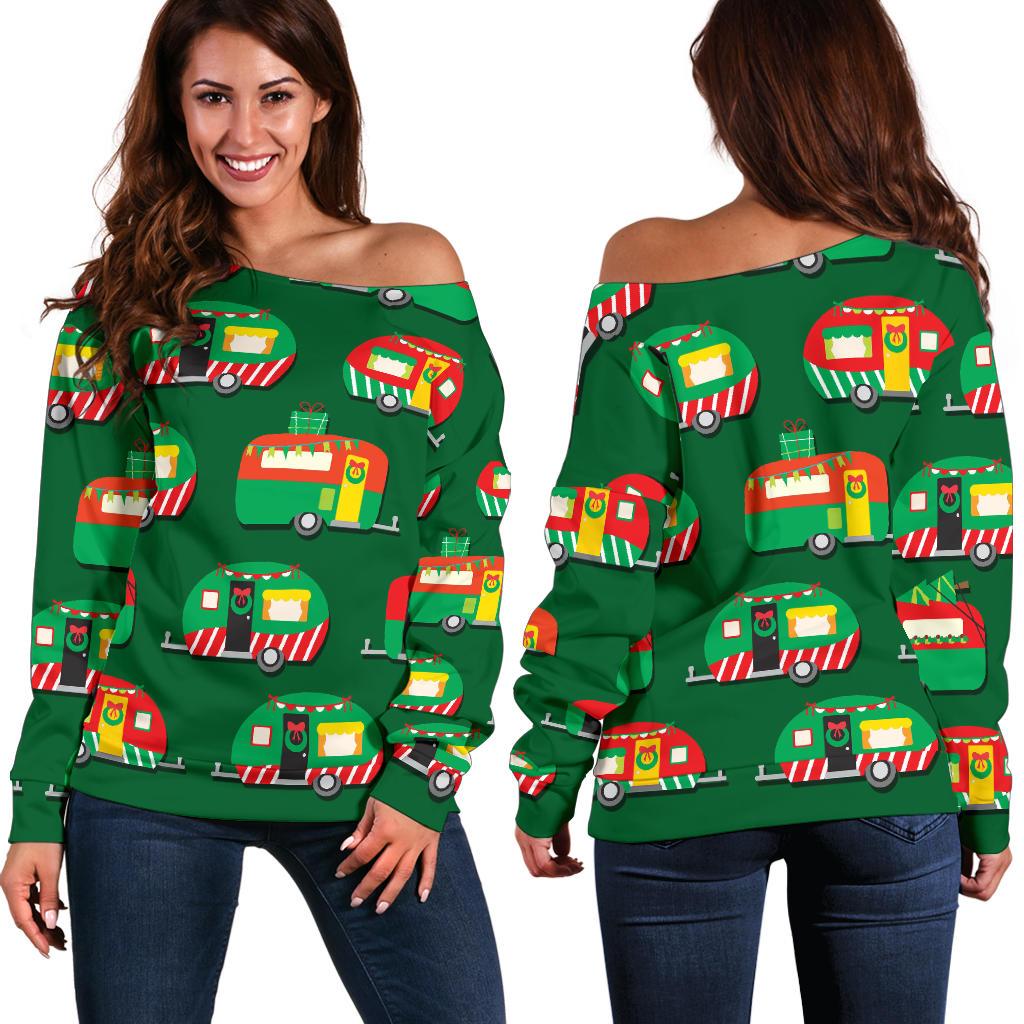 Camper Camping Christmas Themed Print Off Shoulder Sweatshirt