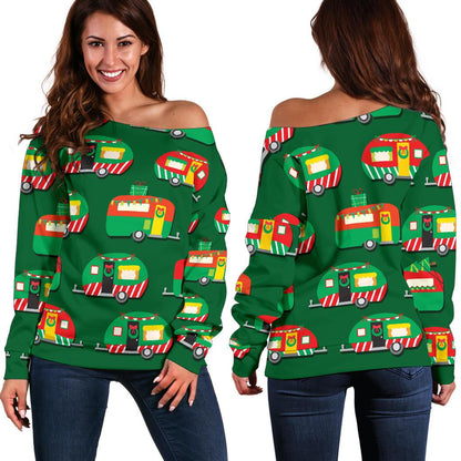 Camper Camping Christmas Themed Print Off Shoulder Sweatshirt