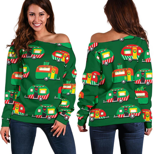 Camper Camping Christmas Themed Print Off Shoulder Sweatshirt