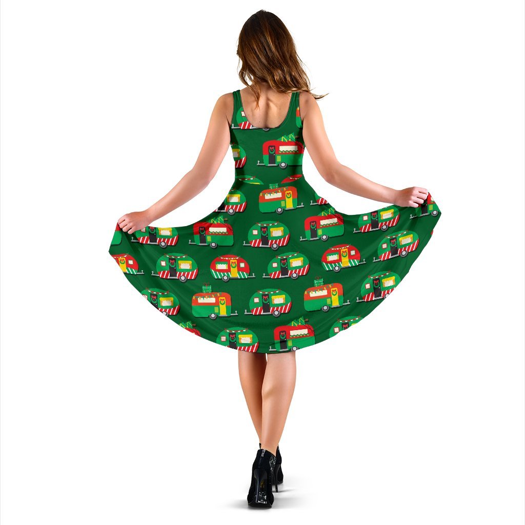 Camper Camping Christmas Themed Print Sleeveless Dress