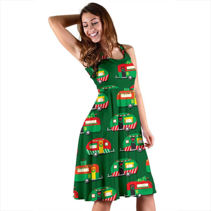 Camper Camping Christmas Themed Print Sleeveless Dress