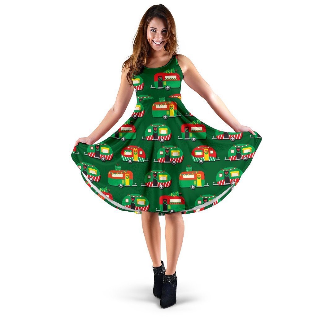 Camper Camping Christmas Themed Print Sleeveless Dress
